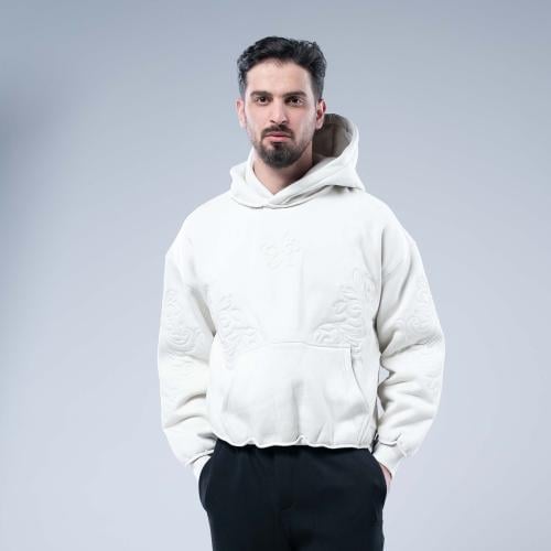 هودي واسع بكاب سكرى بتطريز منقوش بارز