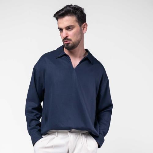 قميص مخملى باكمام طويلة- كحلي