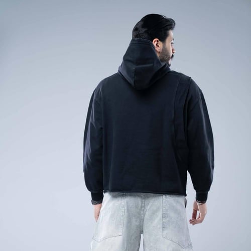 هودي اوفرسايز بجيب أمامي وطباعة شبه ممحية - اسود