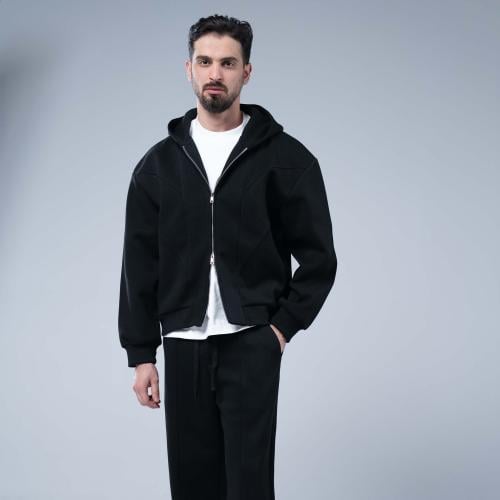 طقم رياضي أوفرسايز جاكيت بسحاب كامل وخطوط بارزة وق...