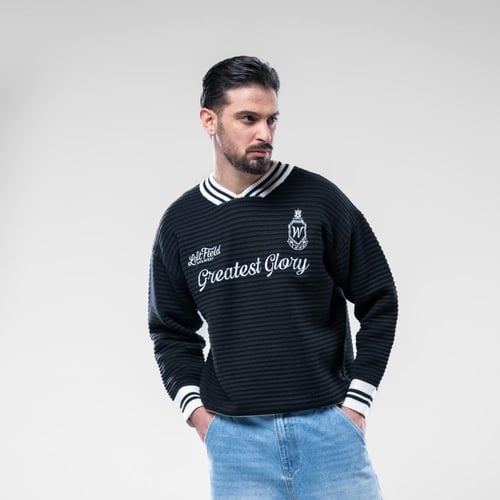 سويتر اوفرسايز مضلع وياقة v بخطين أبيض - اسود