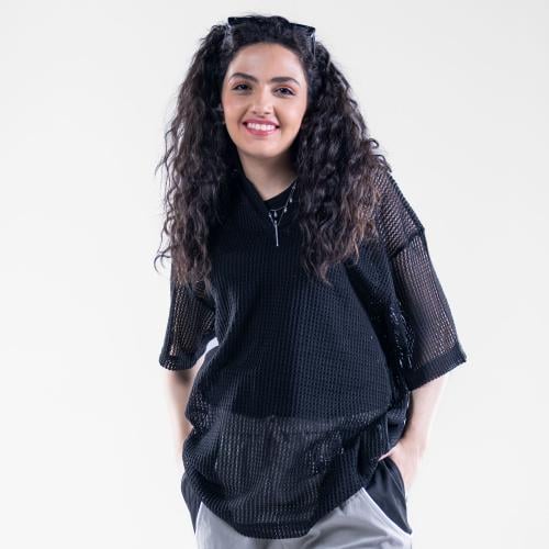 تيشيرت أوفر سايز مخرم بألوان متعدده - اسود