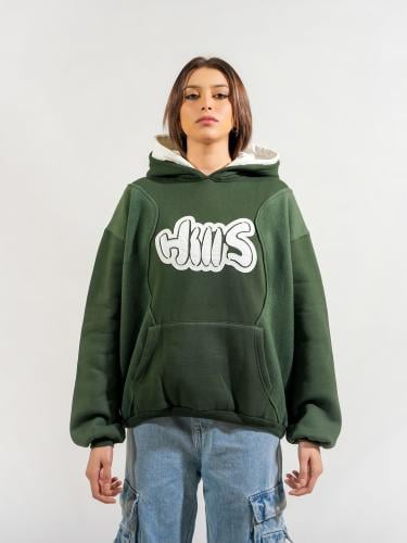 هودي شتوي سميك بطبعه وقبعه ملونه - اخضر غامق