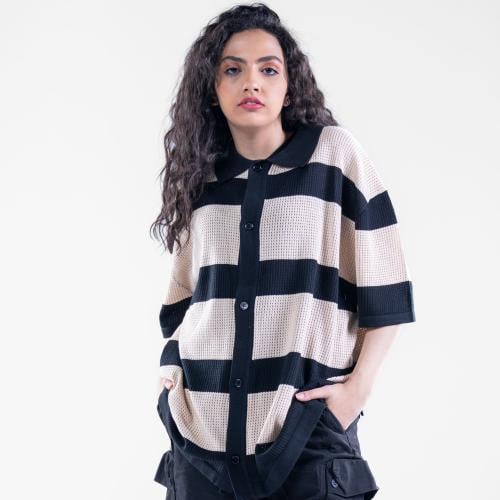 قميص اوفر سايز مخرم بخطوط عريضة متعدد الألوان - اس...