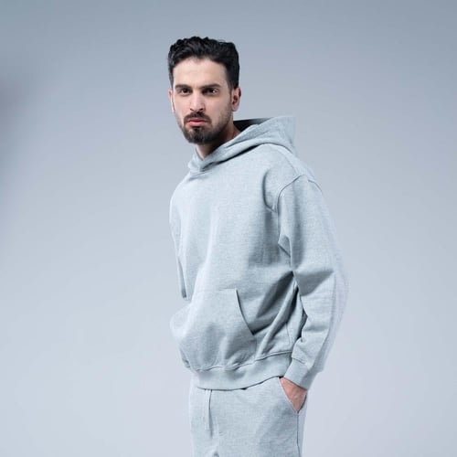 هودي سادة أوفرسايز بقبعة وجيب كانغارو واسع وحافة م...