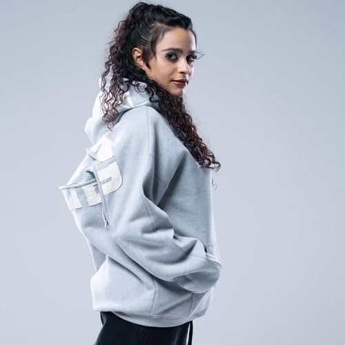 هودي اوفرسايز بجيب امامي وسحاب عرضي بالظهر - رمادي