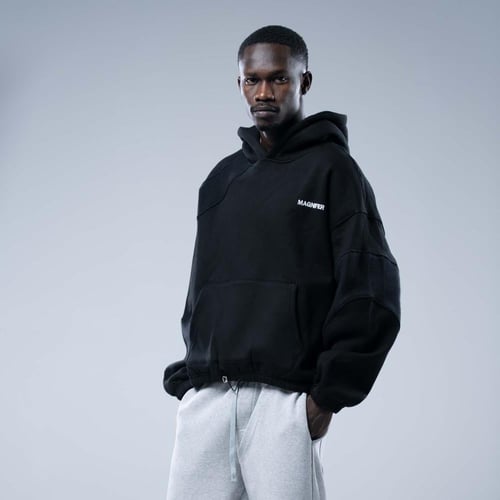 هودي اوفرسايز بكاب ورباط أسفل الخصر - اسود