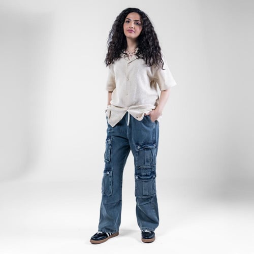 قميص قطن اوفرسايز بنسيج بارز باكمام قصيرة - بيج