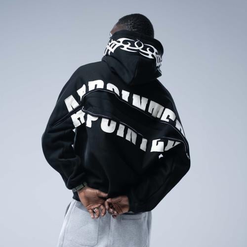 هودي اوفرسايز بجيب امامي وسحاب عرضي بالظهر - اسود