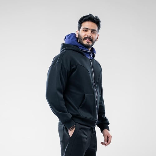 هودي بسحاب كامل أوفرسايز بغطاء رأس متباين وخياطة ب...