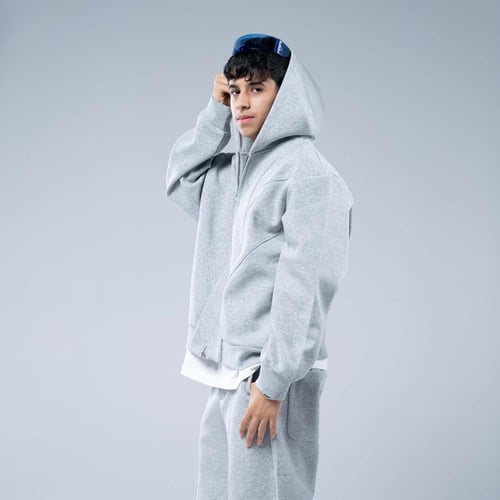 طقم رياضي أوفرسايز هودي بسحاب أمامي وقبعة - رمادي...