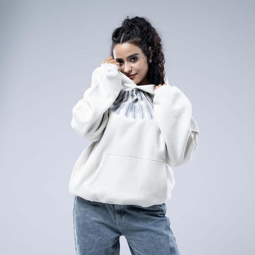 هودي اوفرسايز بكاب وتطريز ريش أزرق رمادي- أبيض