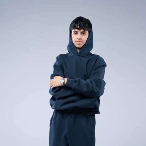 هودي سادة أوفرسايز بقبعة واسعة وجيب كانغارو - كحلي