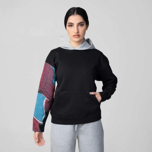 هودي مع كاب رمادي اوفر سايز تطريز الكم الايمن انمى...