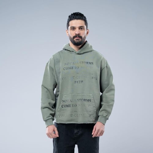 هودي اوفرسايز بجيب أمامي وطباعة شبه ممحية - رمادي...