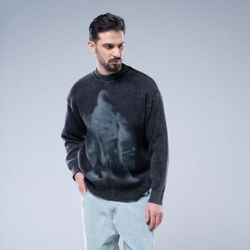 سويتر اوفرسايز بطباعة ظل كبيرة مميزة - اسود