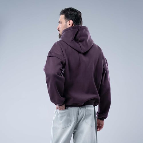 هودي واسع بكاب وطباعة بيضاء حادة - ارجواني