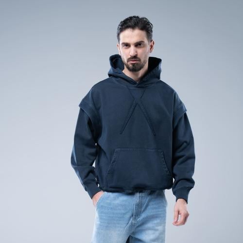 هودي اوفرسايز بكاب بتطريز بارز بنفس اللون - ازرق