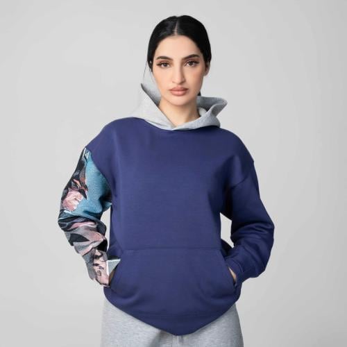 هودي مع كاب رمادي سادة اوفر سايز تطريز الكم الايمن...