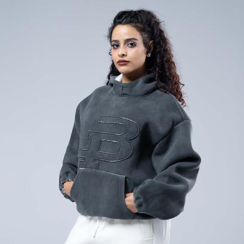 هودي اوفرسايز بكاب تطريز حرف بارز بجيوب - رمادي غا...