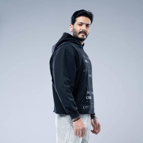 هودي اوفرسايز بجيب أمامي وطباعة شبه ممحية - اسود