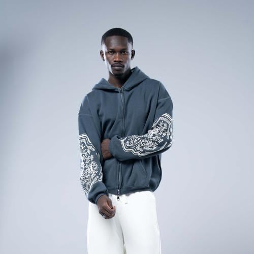 هودي واسع بكاب بسحاب وتطريز مزخرف على الأكمام - كح...