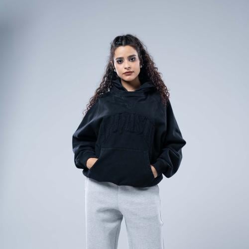 هودي اوفرسايز بكاب بتطريز بارز بنفس اللون - أسود