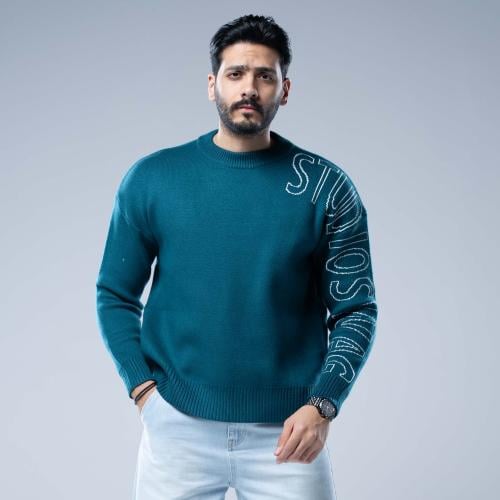 سويتر شتوي اوفرسايز بياقة مستديرة وكلمة مطبوعة Stu...