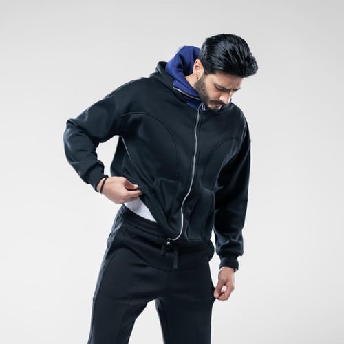 هودي بسحاب كامل أوفرسايز بغطاء رأس متباين وخياطة ب...