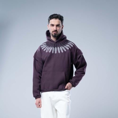 هودي اوفرسايز بكاب وتطريز ريش أزرق رمادي - ارجوانى