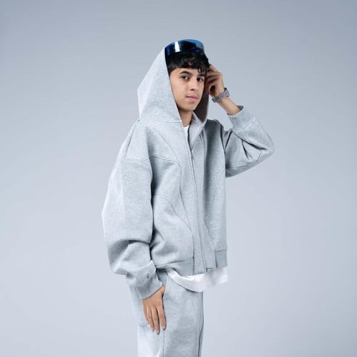طقم رياضي أوفرسايز هودي بسحاب أمامي وقبعة - رمادي...