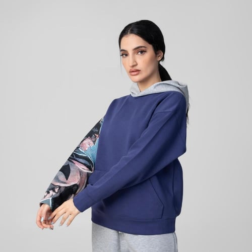 هودي مع كاب رمادي سادة اوفر سايز تطريز الكم الايمن...