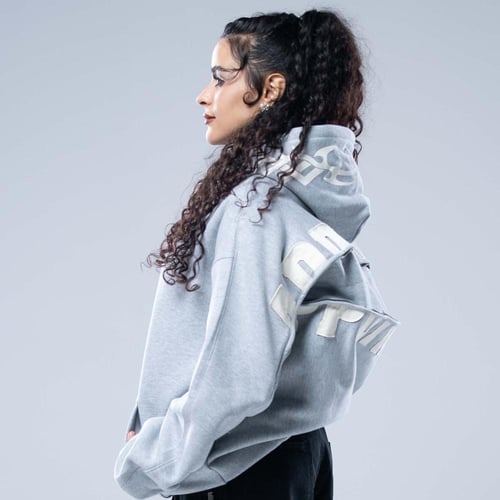 هودي اوفرسايز بجيب امامي وسحاب عرضي بالظهر - رمادي