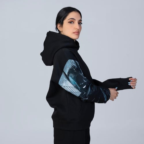 هودي انمي تطريز كم كامل شخصية باتمان - اسود