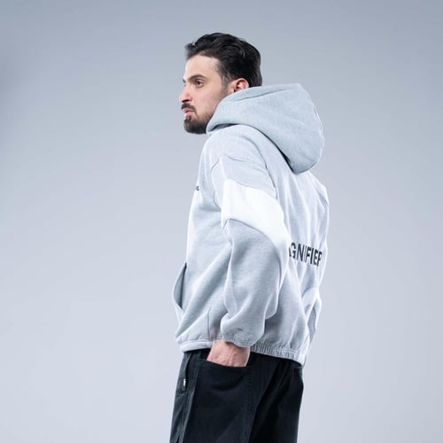 هودي اوفرسايز بكاب وتفاصيل بيضاء منحنية- رمادي