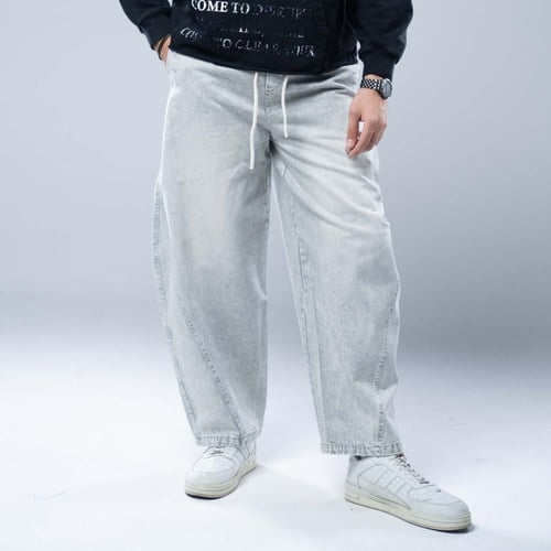 بنطلون جينز واسع أوفرسايز بخصر مطاطي وقصة عريضة -...