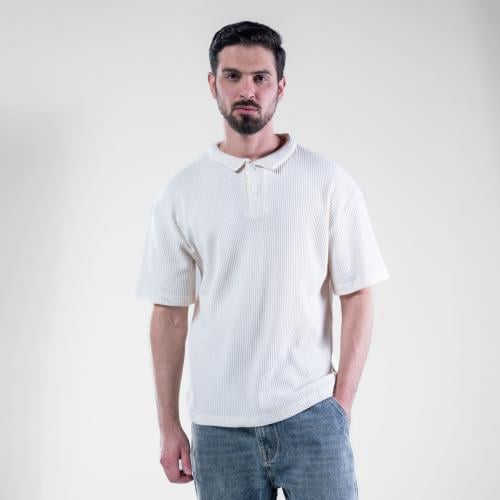 تيشيرت بولو اوفر سايز مخرم بالوان متعدده - بيج