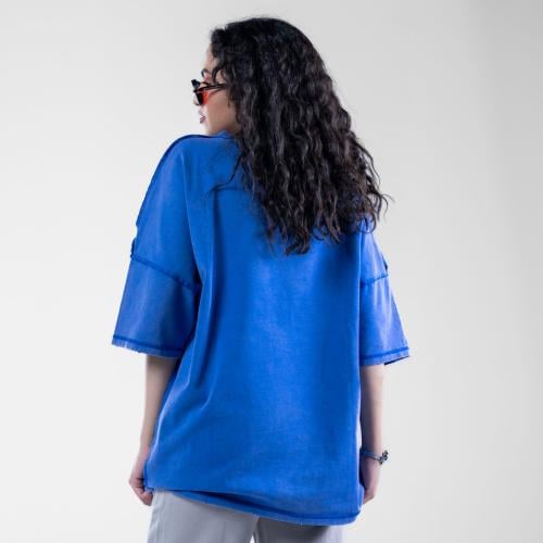 تيشيرت قطن أوفر سايز بخياطة خارجية بارزة - ازرق