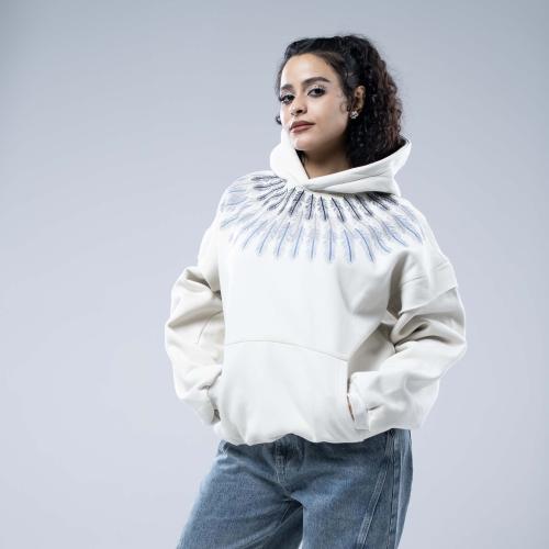 هودي اوفرسايز بكاب وتطريز ريش أزرق رمادي- أبيض