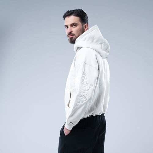 هودي واسع بكاب سكرى بتطريز منقوش بارز