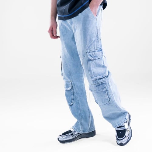 بنطلون جينز كارجو اوفر سايز بخصر مطاطي مريح - أزرق...