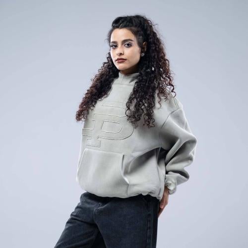 هودي اوفرسايز بكاب تطريز حرف بارز بجيوب - رمادي فا...