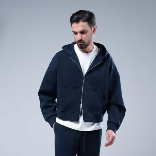 طقم رياضي أوفرسايز جاكيت بسحاب كامل وقبعة - كحلي د...