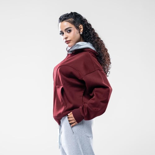 هودي اوفرسايز بسحاب طويل ودبل كاب لونين مختلفين -...