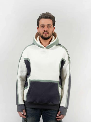 هودي بخطوط مميزة ملونة - ابيض - رصاصي