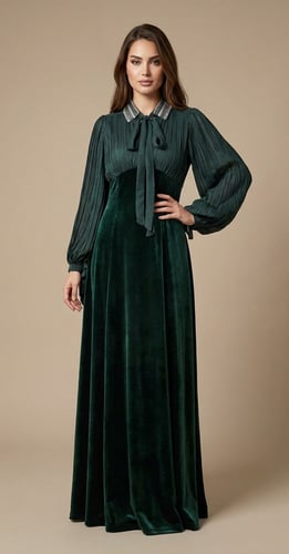 فستان مخمل بياقه - لون زيتي