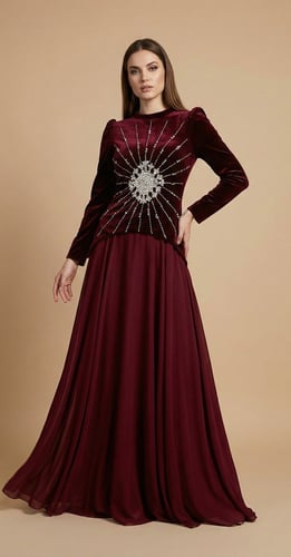 فستان مخمل برسمه فضي - لون عنابي