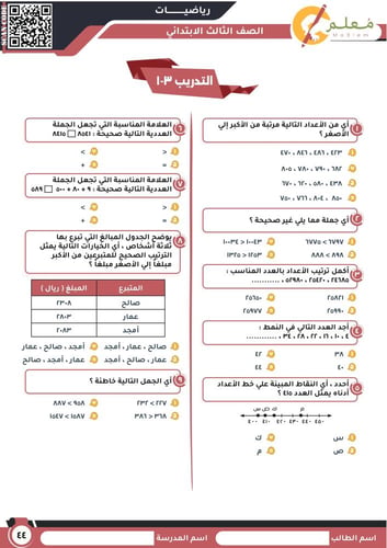 ملزمة Pdf في مادة الرياضيات للصف الثالث الابتدائي...