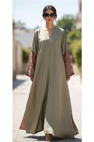 عباية كريب مغسول زيتي | أكمام مشجر