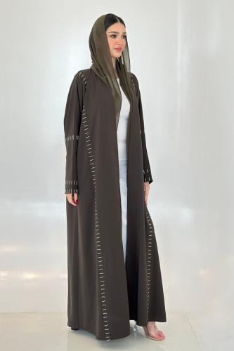 Olive crepe abaya | embroidered striped